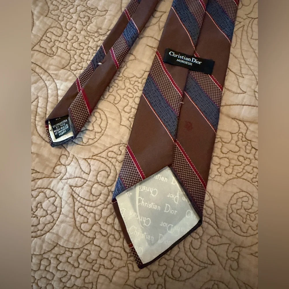 VTG 70s 80s Christian Dior Monsieur Brown Red Blue Striped Tie, Red Dior Logo